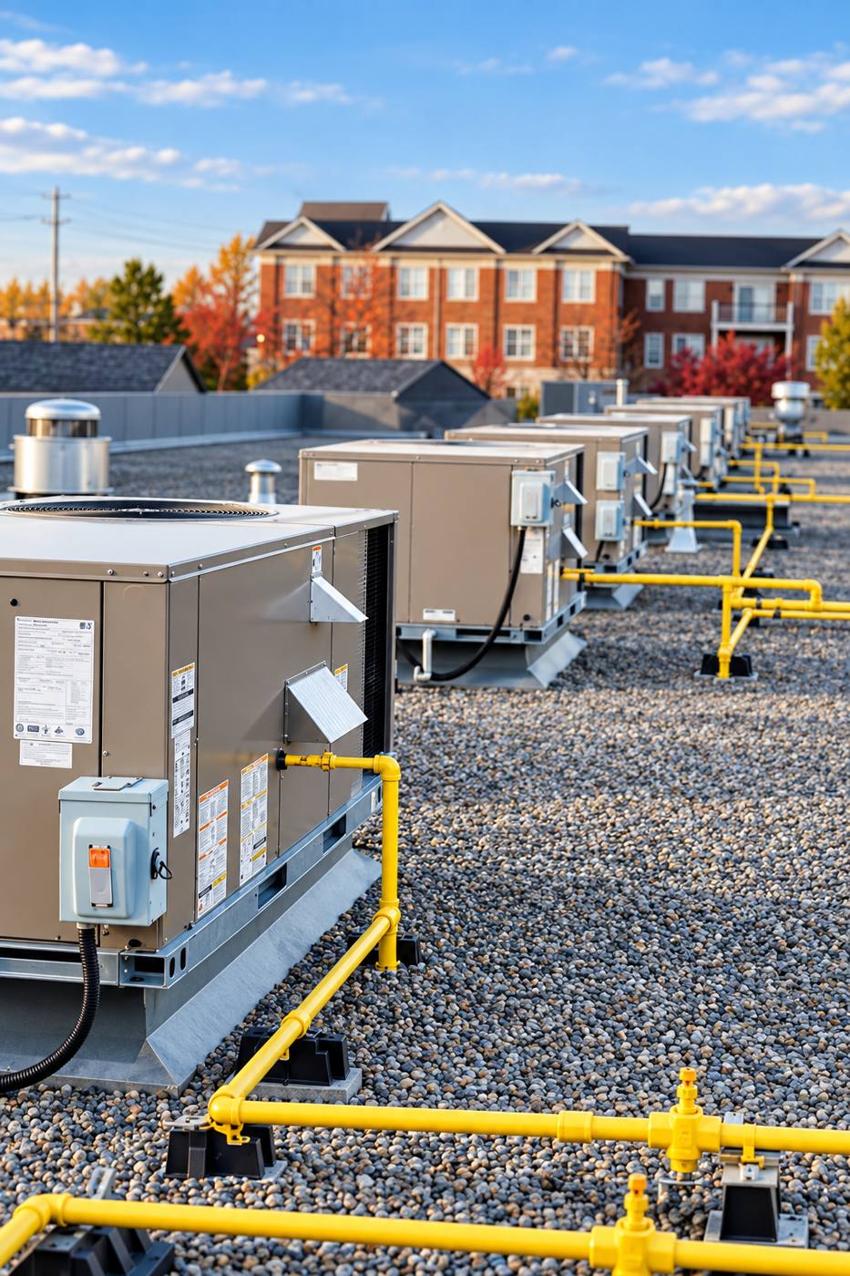 Row of rooftop units with yellow gas piping on a commercial gravel roof
