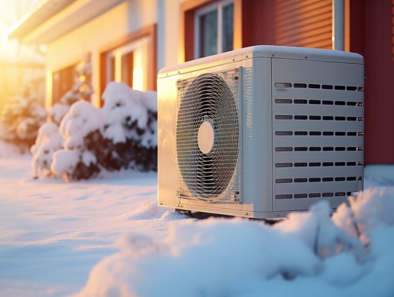 Outdoor heat pump unit running in snow beside a house on a cold winter evening